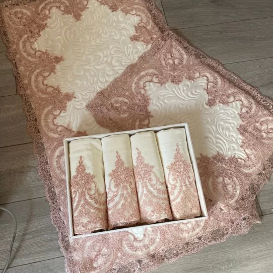 Luxurious Cream and Pink Lace Washable 2 Piece Bath Mat Set and 100% Velvet Cotton Light Cream Towel with Pink Lace Hand Towel Set