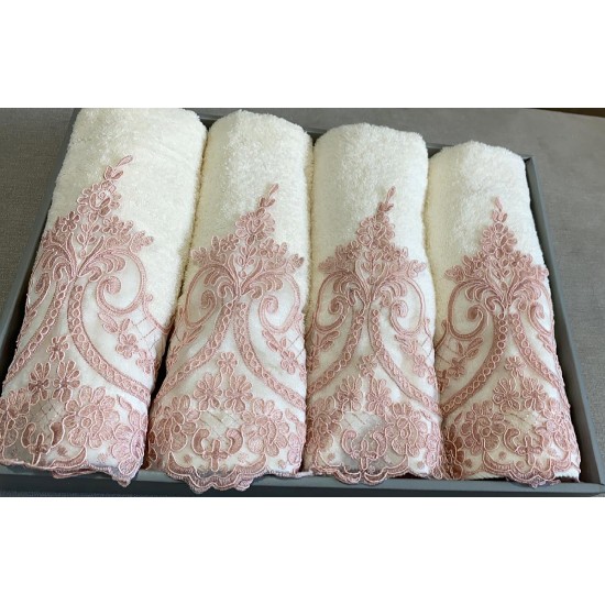 Luxurious Cream and Pink Lace Washable 2 Piece Bath Mat Set and 100% Velvet Cotton Light Cream Towel with Pink Lace Hand Towel Set