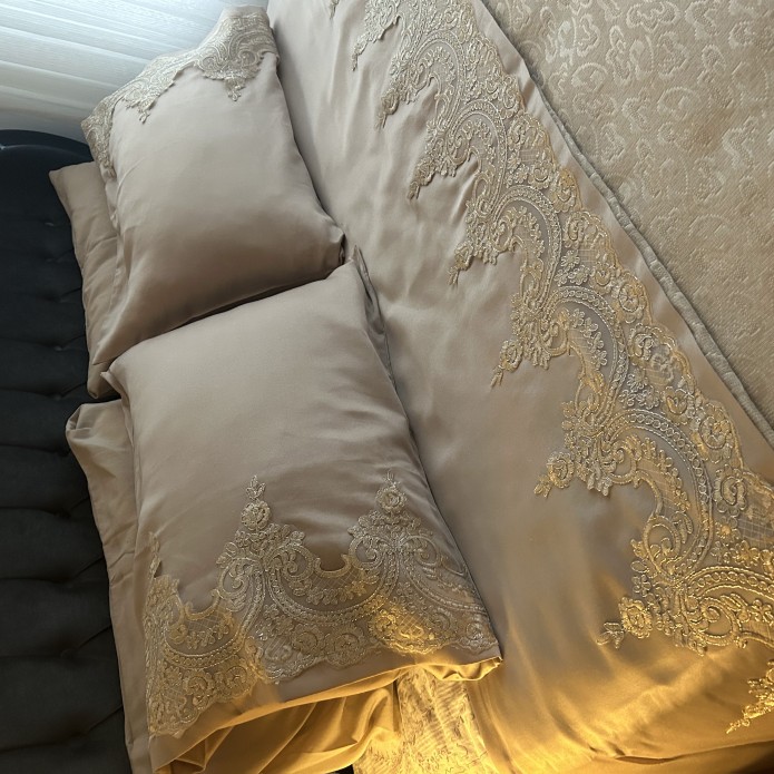 Beige Bedding Set with Stunning Lace, Beige Pique Set, Beige Lace Pillowcase, Beige Pillowcase