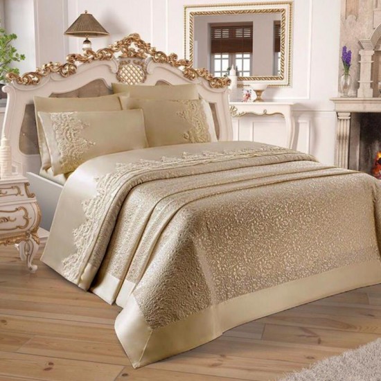 LUXURIOUS BEIGE FRENCH LACED BEDSPREAD SET 6 PIECES