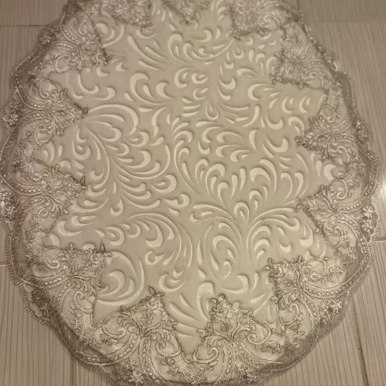 Cream Washable Bath Mat with Silver Lace, Stunning Non-Slip Bath Mat, Gift for Her