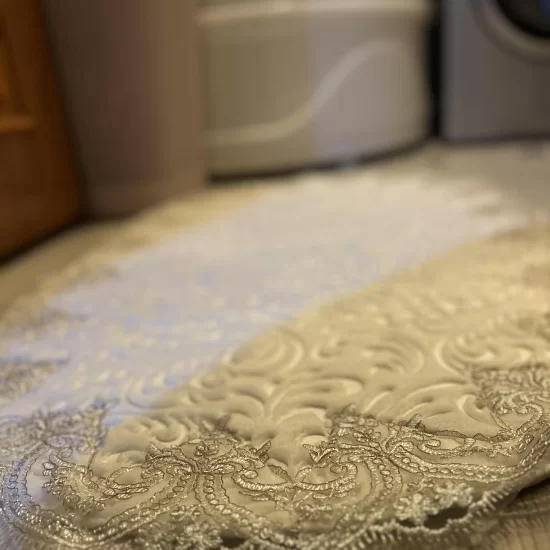 Cream on Silver Lace Washable Bath Mat Blended with Gold Trim, Gift for Her
