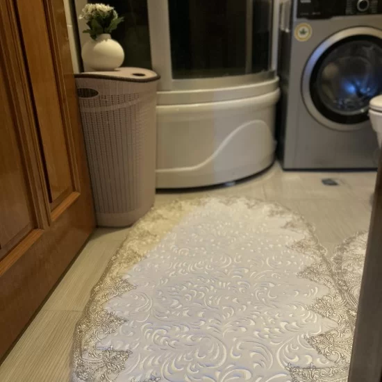 Cream on Silver Lace Washable Bath Mat Blended with Gold Trim, Gift for Her
