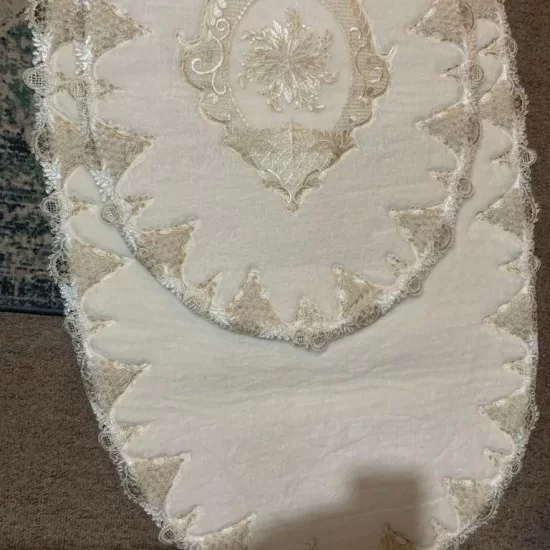 Cream Washable Bathmat with Light Beige Lace, 2 Piece Non-Slip Mat, Bath Rug, Gift for Her