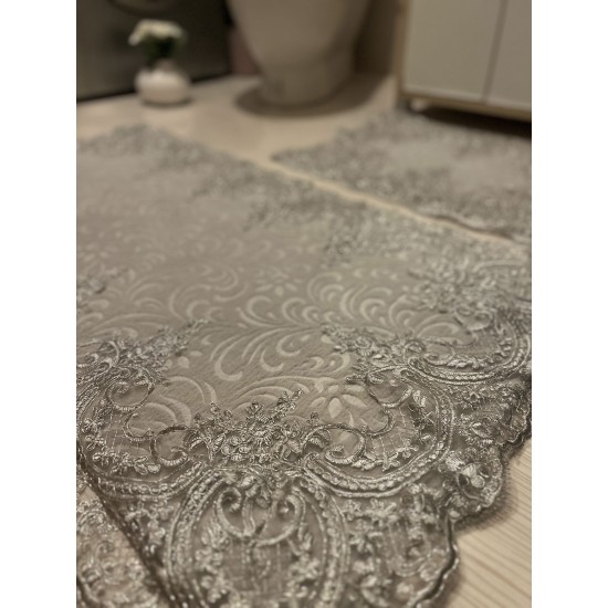 Exclusive Grey on Grey Lace Washable Mat, Grey Non-Slip Bathmat with Antique Lace