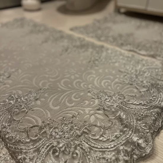 Exclusive Grey on Grey Lace Washable Mat, Grey Non-Slip Bathmat with Antique Lace