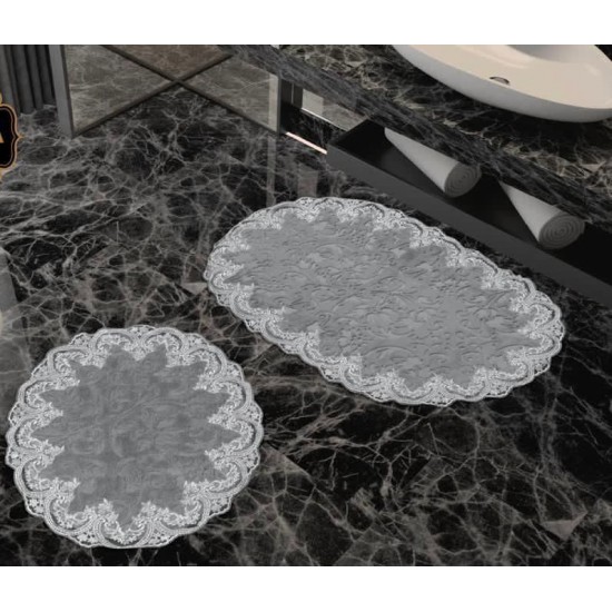 2 Piece Grey Washable Mat Silver Lace