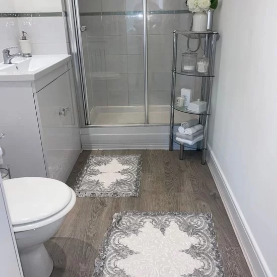 STUNNING LUXURIOUS RECTANGULAR DARK GREY LACE AND CREAM FLOOR MATS