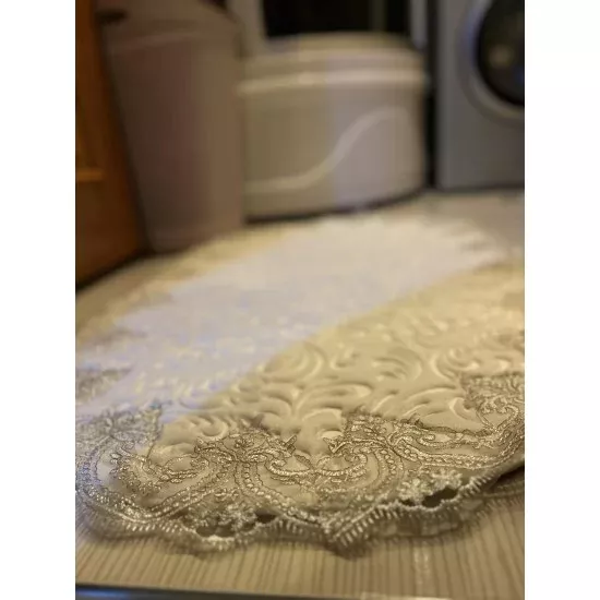 Cream on Silver Lace Washable Bath Mat Blended with Gold Trim, Gift for Her