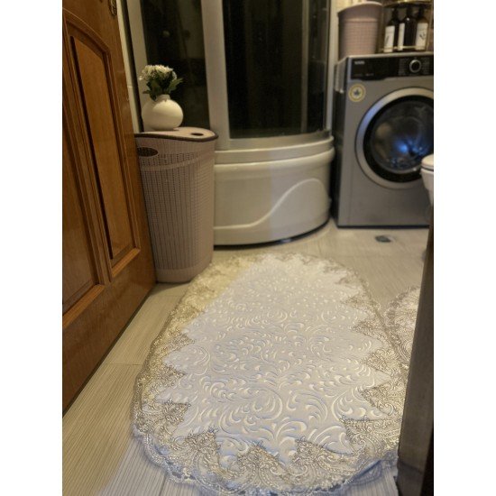 Cream on Silver Lace Washable Bath Mat Blended with Gold Trim, Gift for Her