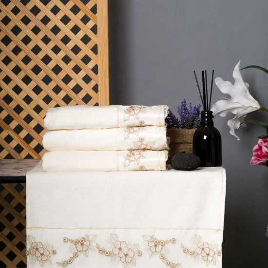 Begonia Design Cream with Beige Hand Towel 4 Piece Set