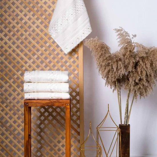 Cream Hand Towel Seashell Design with Pearl and Seashell Lace