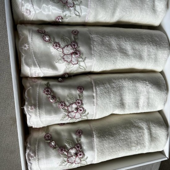 Cream Hand Towel with Red Flowers Design, Wedding Gift, Bathroom Decoration