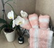 White on Coral Pink Turkish Hand Towel Set