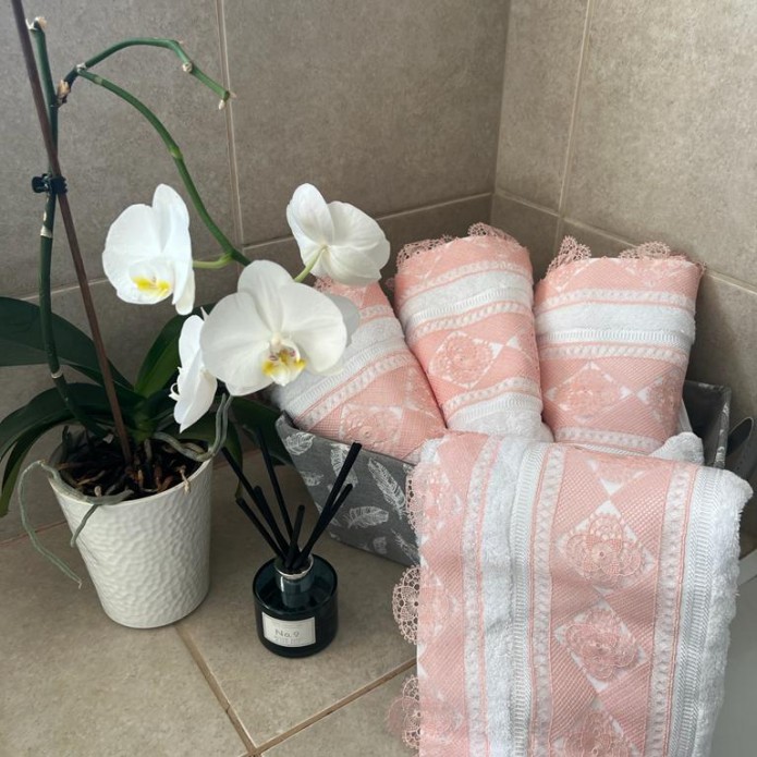 White on Coral Pink Turkish Hand Towel Set