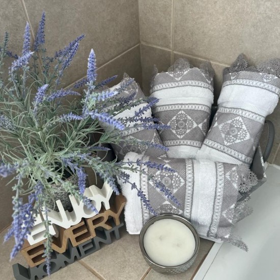 White on Grey Turkish Hand Towel Set Daisy Design