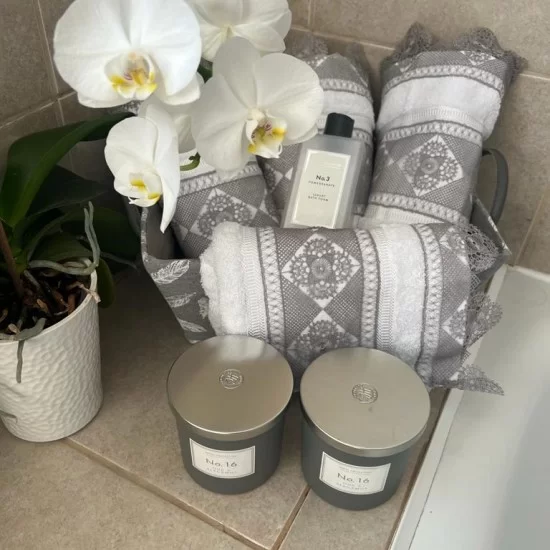 White on Grey Turkish Hand Towel Set Daisy Design