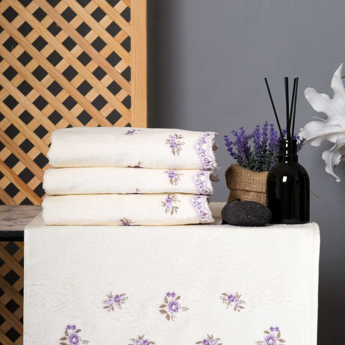 Violet Design Cream on Purple Flowers Hand Towel Set