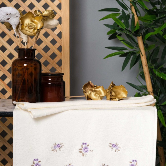 Violet Design Cream on Purple Flowers Hand Towel Set