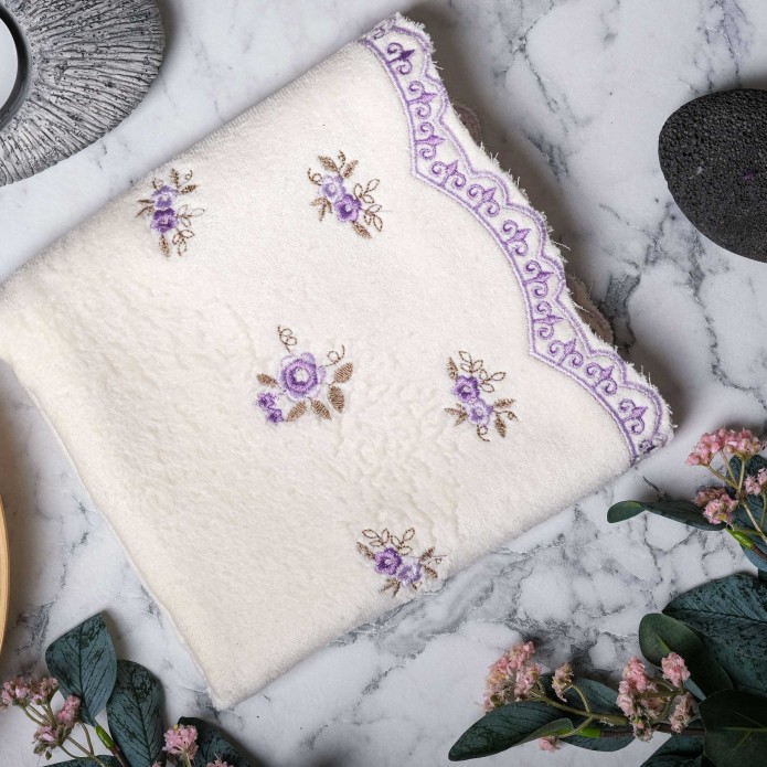 Violet Design Cream on Purple Flowers Hand Towel Set