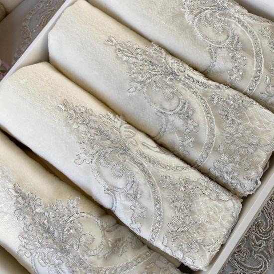 Luxurious Cream with Silver Lace Hand Towel Set, Bathroom Decoration, Wedding Gift