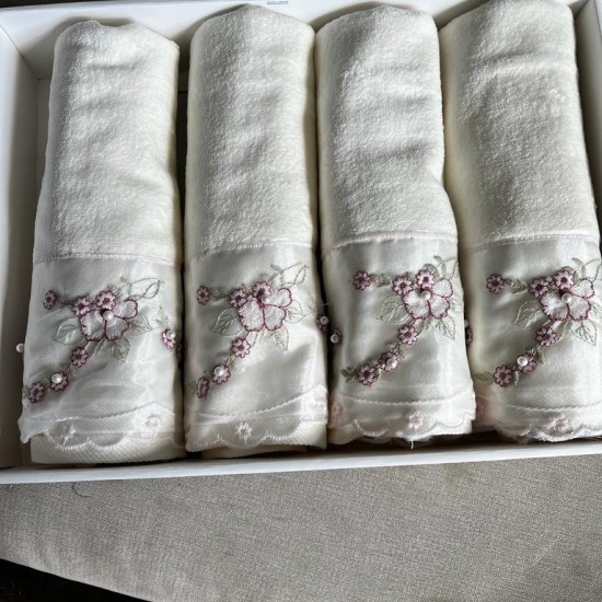 Cream Hand Towel with Red Flowers Design, Wedding Gift, Bathroom Decoration