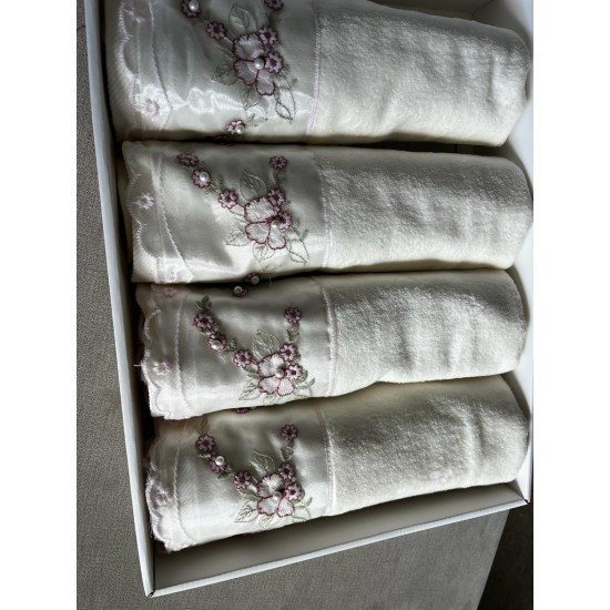 Cream Hand Towel with Red Flowers Design, Wedding Gift, Bathroom Decoration