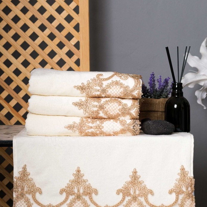 Cream Hand Towel Queen Design with Gold Lace Cream Hand Towel Queen Design with Gold Lace