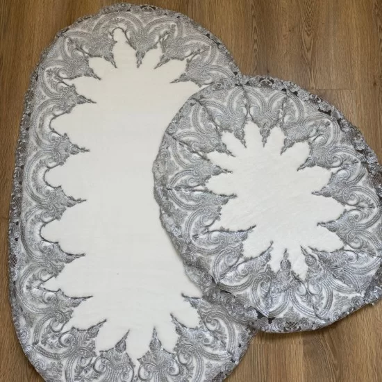 WASHABLE DARK GREY LACE AND OFF WHITE OVAL BAT FLOOR MAT