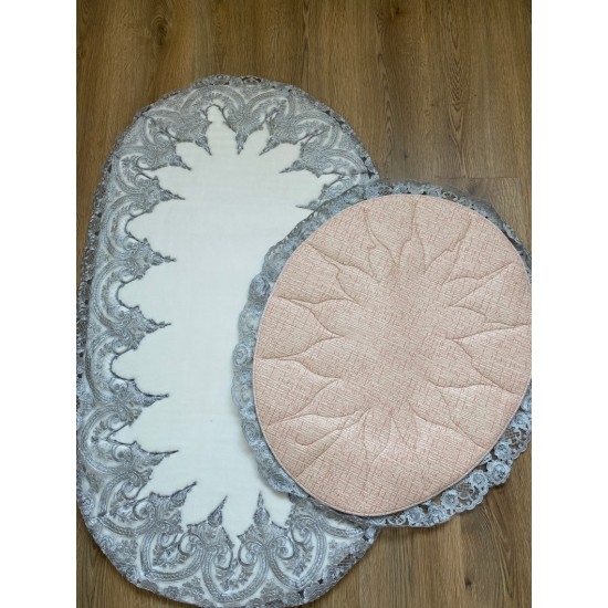 WASHABLE DARK GREY LACE AND OFF WHITE OVAL BAT FLOOR MAT