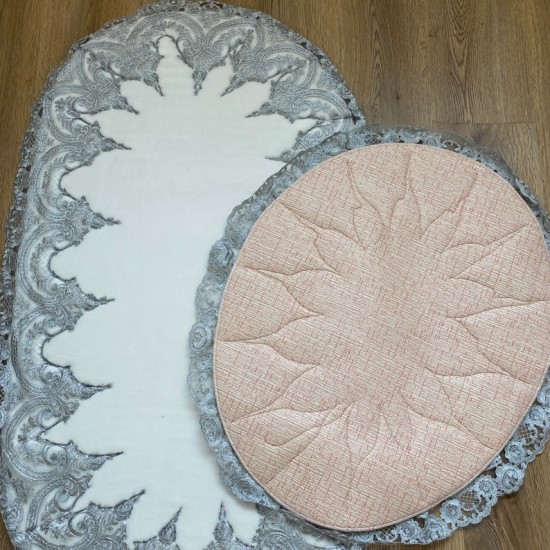WASHABLE DARK GREY LACE AND OFF WHITE OVAL BAT FLOOR MAT