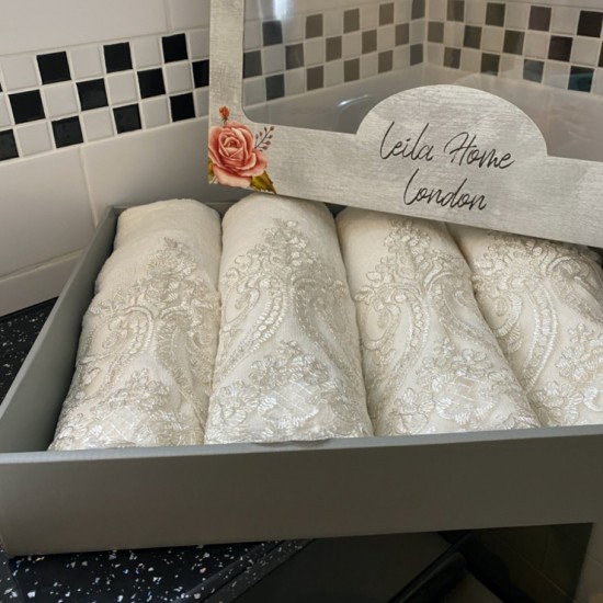 SILVER LACE AND LIGHT CREAM HAND TOWEL SET ( 4 Pieces )