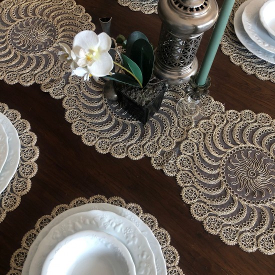 Beige Runner Set, Lace Table Mat, Lace Doily Placemats, 1 Runner and 6 Doilies, Wedding Doily, Doily Table Cloth