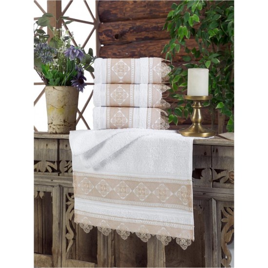 Turkish Hand Towel Set White on Cappuccino Daisy Design