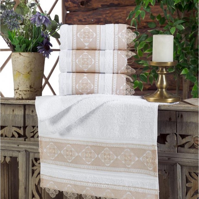 Turkish Hand Towel Set White on Cappuccino Daisy Design