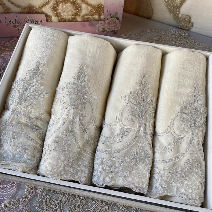 SILVER LACE AND LIGHT CREAM HAND TOWEL SET ( 4 Pieces )