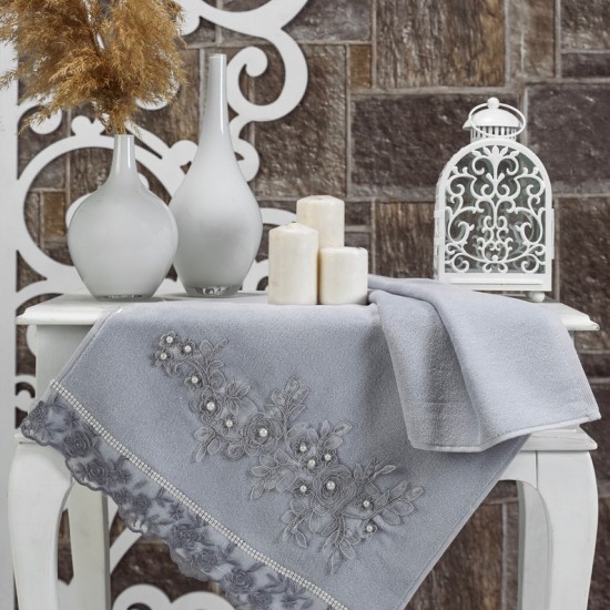 Stunning Grey Hand Towel Gift Set With Pearl Floral Design