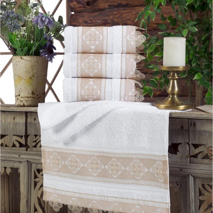 Turkish Hand Towel Set White on Cappuccino Daisy Design Turkish Hand Towel Set White on Cappuccino Daisy Design