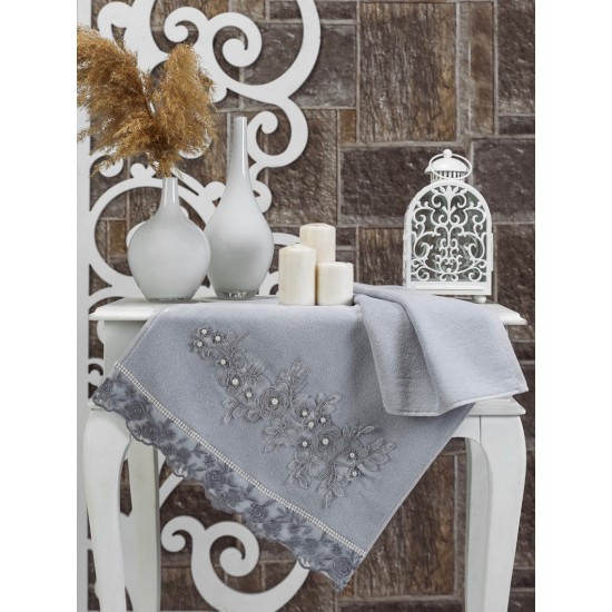 Stunning Grey Hand Towel Gift Set With Pearl Floral Design