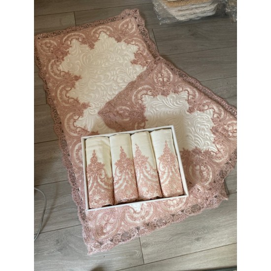 Luxurious Cream and Pink Lace Washable 2 Piece Bath Mat Set and 100% Velvet Cotton Light Cream Towel with Pink Lace Hand Towel Set