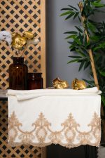 Cream Hand Towel Set of 4 – Gold Lace – Velvet Cotton – Bridal Gift or Luxury Bathroom Decor