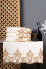 Cream Hand Towel Set of 4 – Gold Lace – Velvet Cotton – Bridal Gift or Luxury Bathroom Decor - Image 2