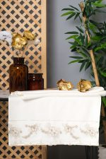 Floral Embroidered Cream Velvet Cotton Hand Towel Set - Turkish Lace Trim