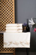 Floral Embroidered Cream Velvet Cotton Hand Towel Set - Turkish Lace Trim - Image 2