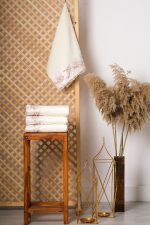 Cream Turkish Cotton Hand Towel Set – Floral Embroidered Towels with Lace - Image 3
