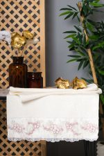 Cream Turkish Cotton Hand Towel Set – Floral Embroidered Towels with Lace