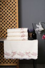 Cream Turkish Cotton Hand Towel Set – Floral Embroidered Towels with Lace - Image 2