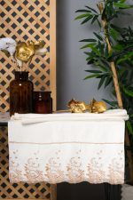 Gold Ivy Embroidered Cream Velvet Cotton Hand Towel Set - Turkish Made