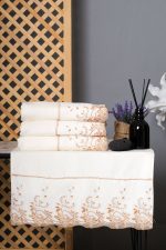 Gold Ivy Embroidered Cream Velvet Cotton Hand Towel Set - Turkish Made - Image 2