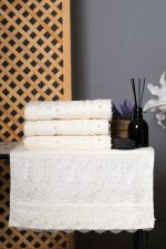 Cream Hand Towel Set of 4 – Elegant Lace & Pearl Embroidery – Velvet Cotton Luxury Bathroom Gift – Turkish Towels - Image 2